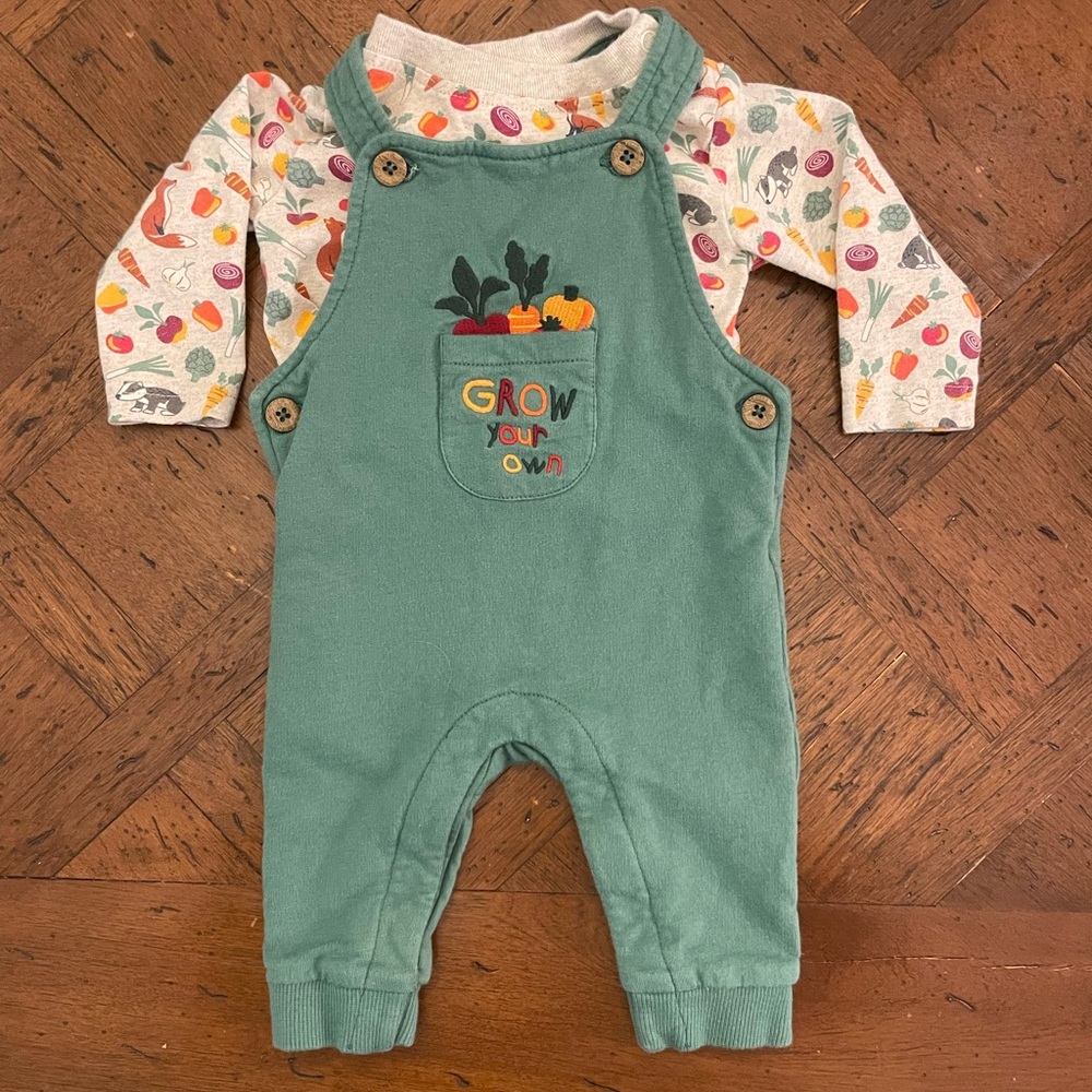 JoJo Maman Bebe size 0-3 month two piece “Grow Your Own” veggie outfit.